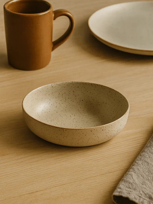 Płytka, nakrapiana beżowa miska ceramiczna stoi na jasnym drewnianym stole. Minimalistyczna aranżacja naczyń obejmuje brązowy kubek, pasujący talerz oraz lnianą serwetkę w tle.